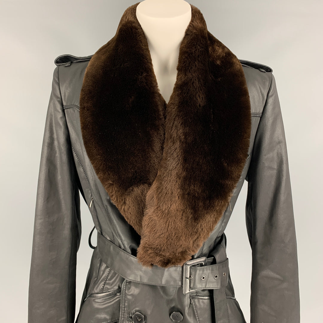 JEAN PAUL GAULTIER Size 10 Black Coated Cotton Belted Double Breasted Jacket