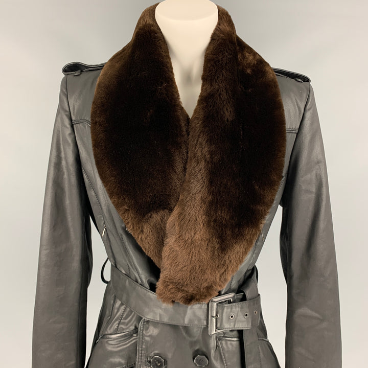 JEAN PAUL GAULTIER Size 10 Black Coated Cotton Belted Double Breasted Jacket