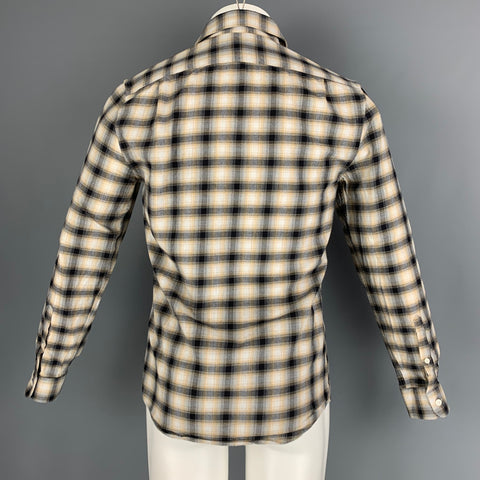 REISS Size S Beige Black Plaid Cotton One pocket Long Sleeve Shirt