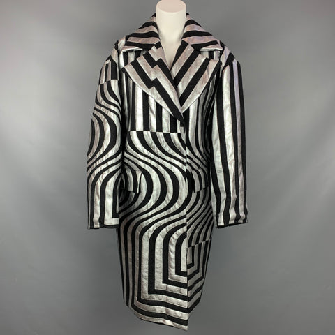 DRIES VAN NOTEN FW 14 Size S Black & Silver Stripe Wool Blend Oversized Double Breasted Coat