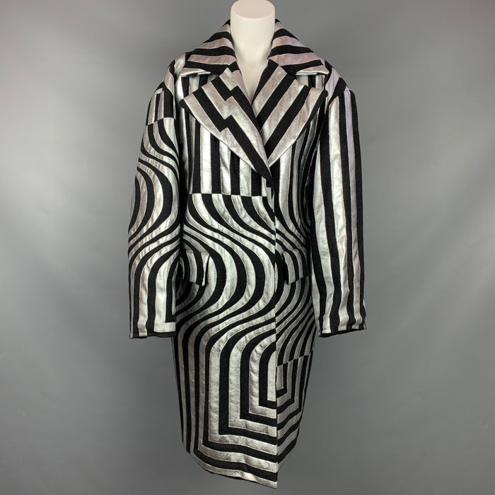 DRIES VAN NOTEN FW 14 Size S Black & Silver Stripe Wool Blend Oversized Double Breasted Coat