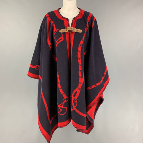 RALPH LAUREN Size One Size Navy Red Wool Nylon Equestrian Leather Trim Cape