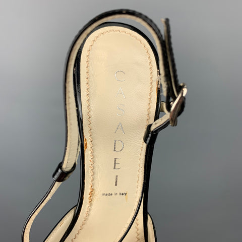CASADEI Size 5.5 Cream Linen Color Block T-Strap Pumps