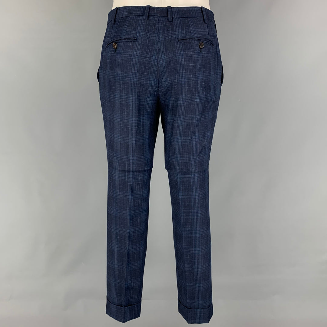 ETRO Size 38 Navy Blue Plaid Wool Blend Notch Lapel Suit