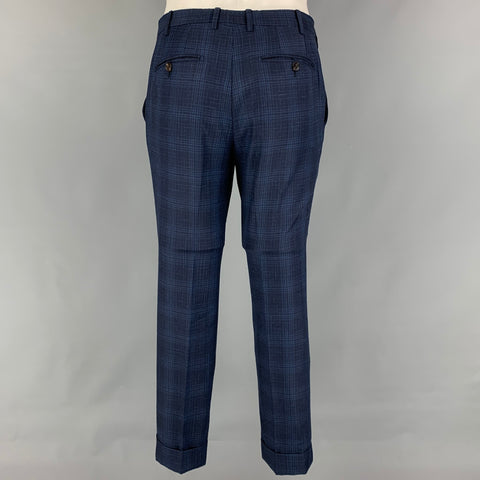 ETRO Size 38 Navy Blue Plaid Wool Blend Notch Lapel Suit