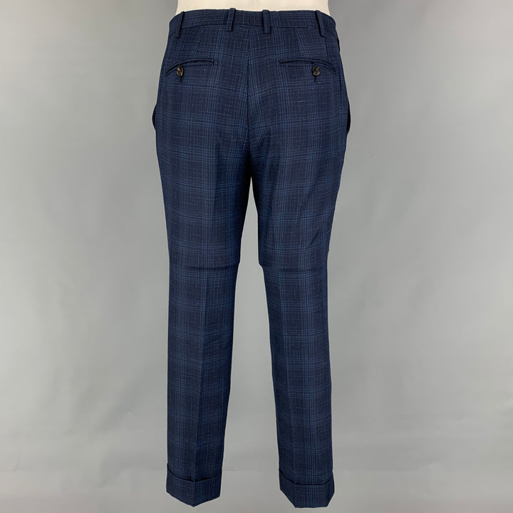 ETRO Size 38 Navy Blue Plaid Wool Blend Notch Lapel Suit