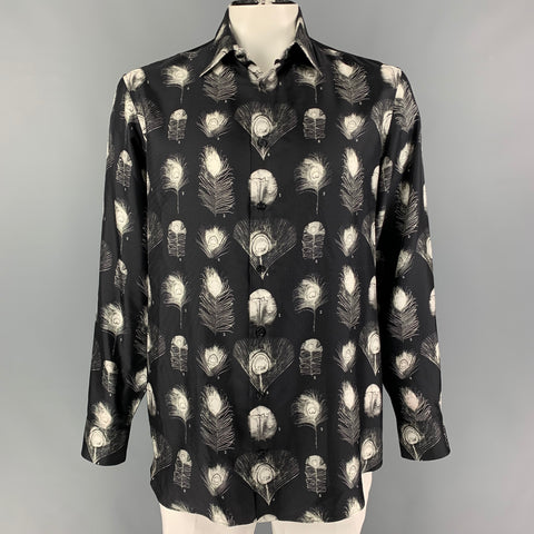 ALEXANDER MCQUEEN FW 17 Size XL Black White Print Silk Button Up Long Sleeve Shirt