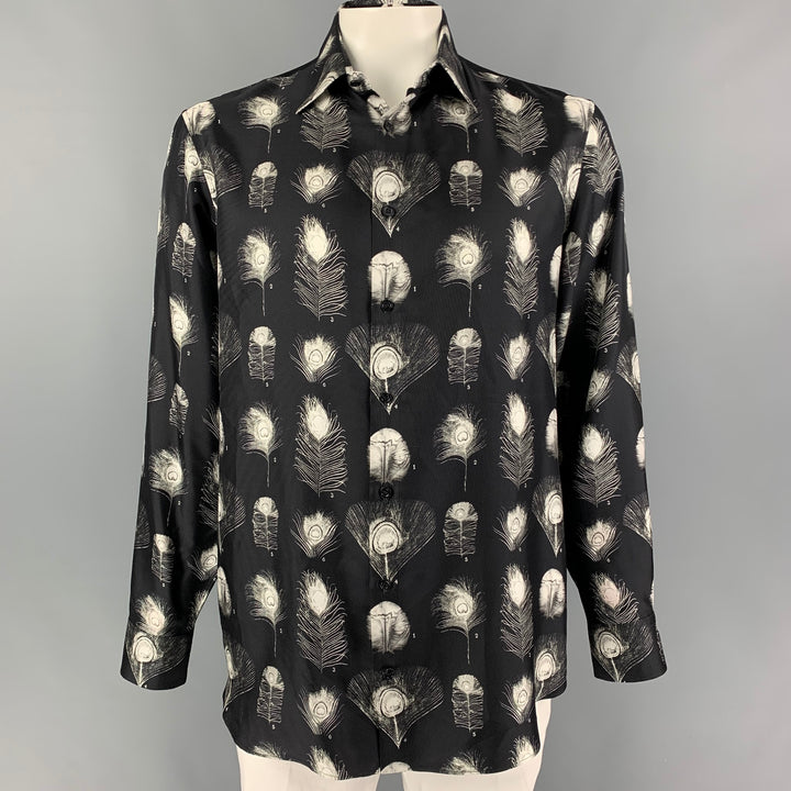 ALEXANDER MCQUEEN FW 17 Size XL Black White Print Silk Button Up Long Sleeve Shirt