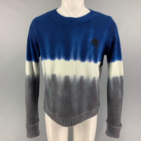 THE ELDER STATESMAN Size S Blue Gray Intarsia Tie Dye Palm Tree Cashmere Crew-Neck Sweater