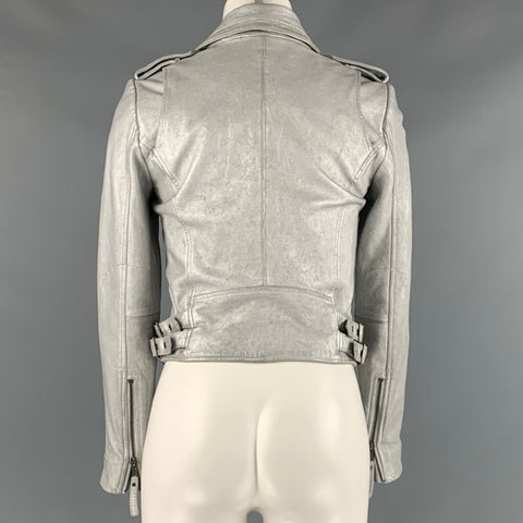 JOIE Chaqueta motera de piel de cordero metalizada de cuero plateado talla XS