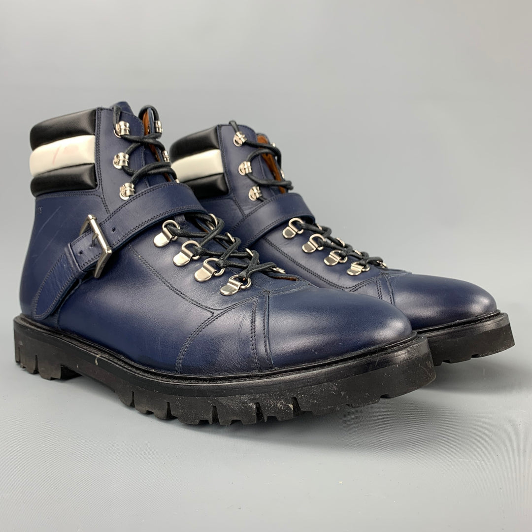 BALLY Champions Size 10 Navy & White Leather Hiking Ankle Boots