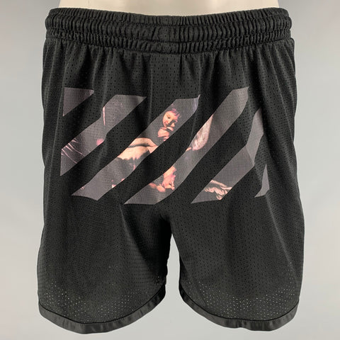 OFF-WHITE Size L Black Mesh Polyester Elastic Waistband Shorts