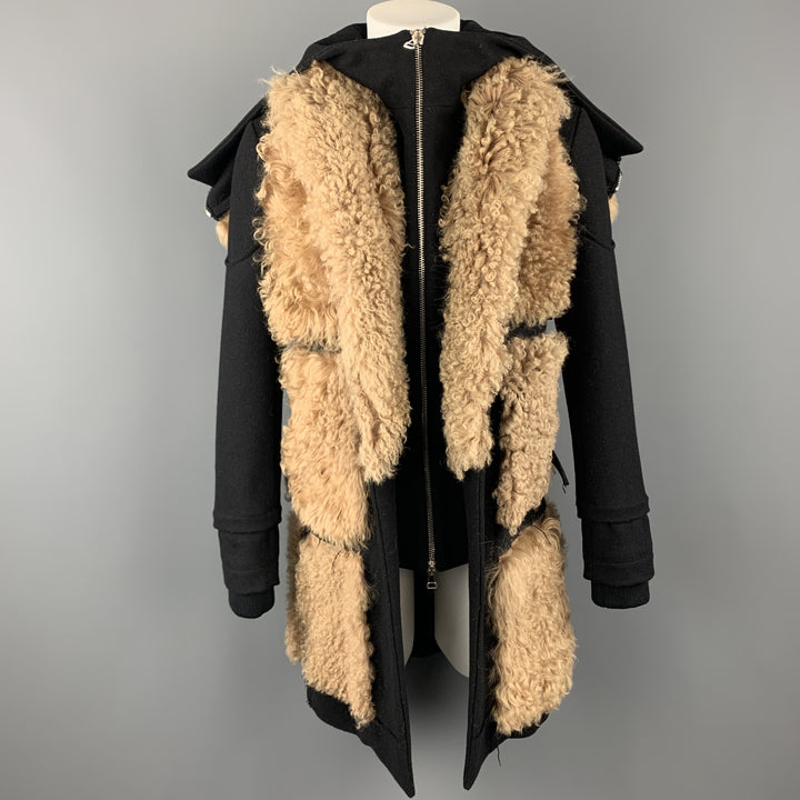 HOOD BY AIR Size 36 Black & Tan Fur Panel Layer Hooded Coat
