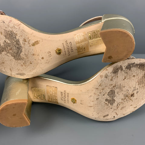 STUART WEITZMAN Talla 6.5 Sandalias de tacón grueso trenzado de cuero plateado platino