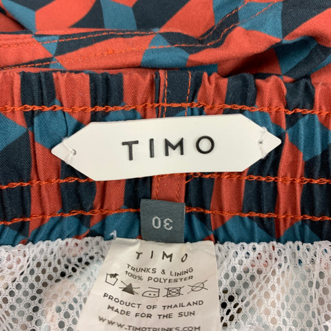 TIMO Size 30 Brick Black Blue Geometric Polyester Lined Swim Trunks