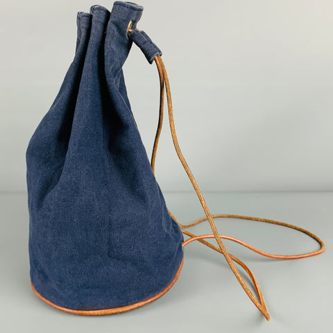 HERMES Navy Tan Cotton Leather Drawstring Bucket Bag