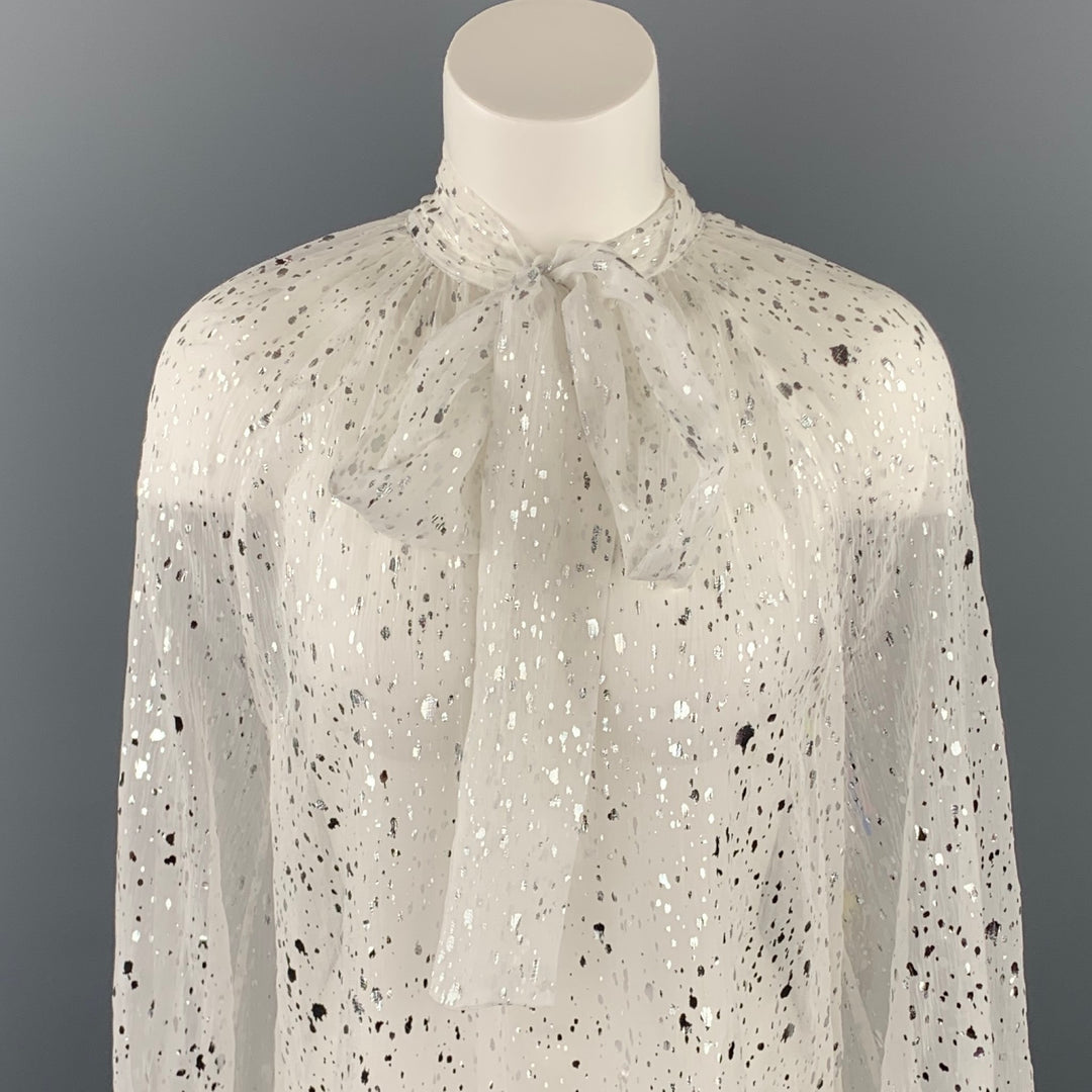 MSGM Blusa con cuello de lazo de seda con salpicaduras metálicas blancas y plateadas talla 8
