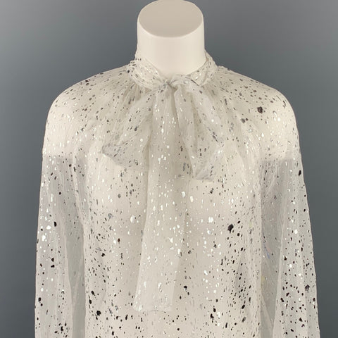MSGM Size 8 White & Silver Metallic Splatter Silk Bow Collar Blouse