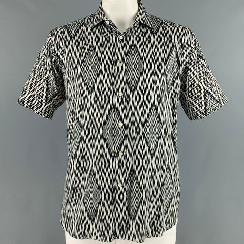 ETRO Taille XL Noir Blanc Zig Zag Coton Boutonné Chemise à Manches Courtes