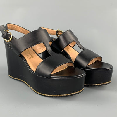 SALVATORE FERRAGAMO Fiamma Size 8.5 Black Leather Platform Sandals