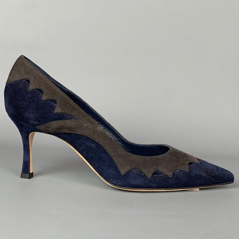 MANOLO BLAHNIK Talla 7 Zapatos de tacón con corte de ante gris y azul marino