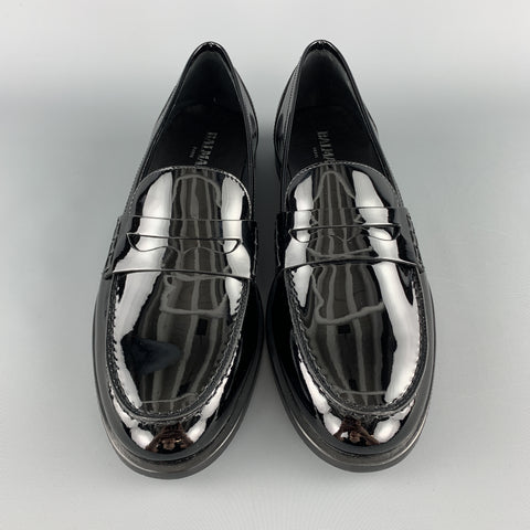 BALMAIN Size 10 Black Patent Leather Slip On Penny Loafers