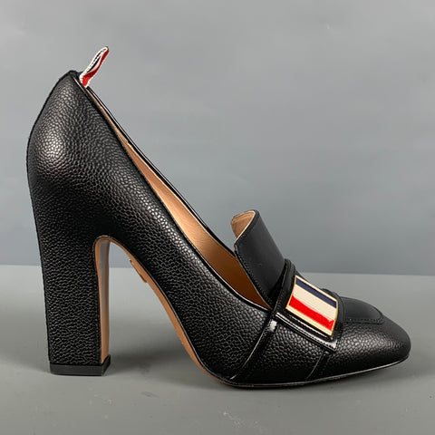 THOM BROWNE Talla 8 Zapatos de tacón de grano de guijarro de materiales mixtos de cuero negro, rojo y blanco