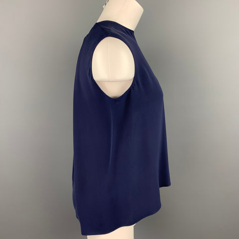 CAROLINA HERRERA Talla 4 Blusa asimétrica sin mangas de seda azul marino