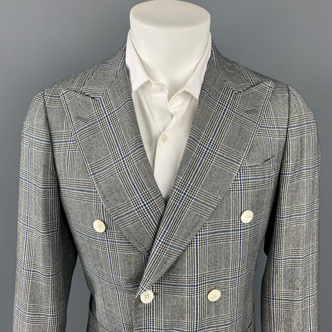ISAIA Size 38 Regular Grey & Blue Glenplaid Wool Double Breasted Sport Coat