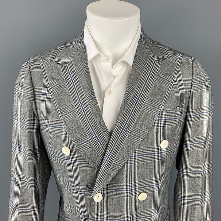 ISAIA Taille 38 Manteau de sport à double boutonnage en laine Glenplaid gris et bleu régulier
