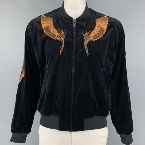CHRISTIAN DADA FW 19 Size 42 Black Copper Cotton Velvet Feather Embroidery Bomber Jacket
