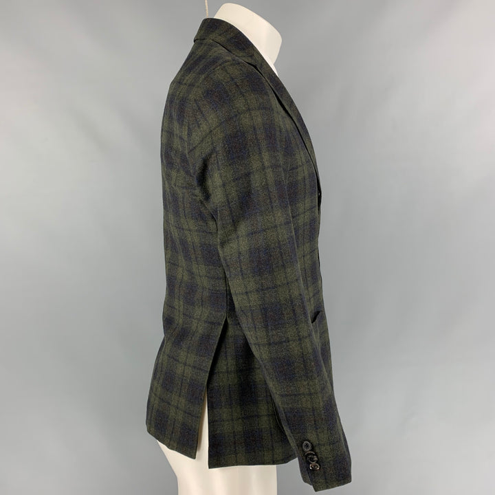 EDIFICE Size 34 Olive & Black Plaid Wool Blend Single Breasted Sport Coat