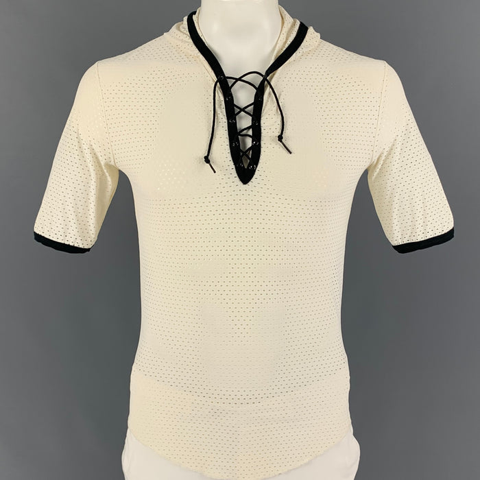 JEAN PAUL GAULTIER Size XL Cream Black Perforated Hooded Pullover