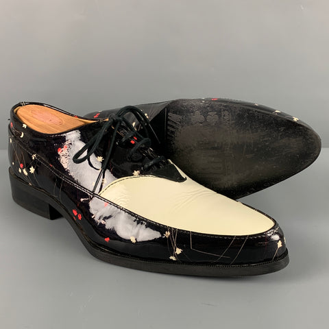 JOHN FLUEVOG Size 8 Black White Floral Patent Leather Lace Up Shoes