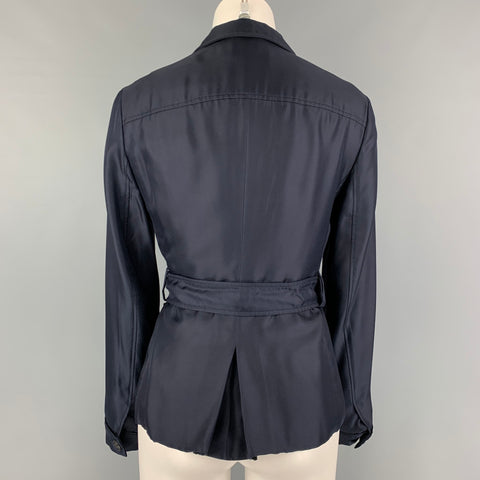 PRADA Size 4 Navy Silk Single Breasted Belted Jacket