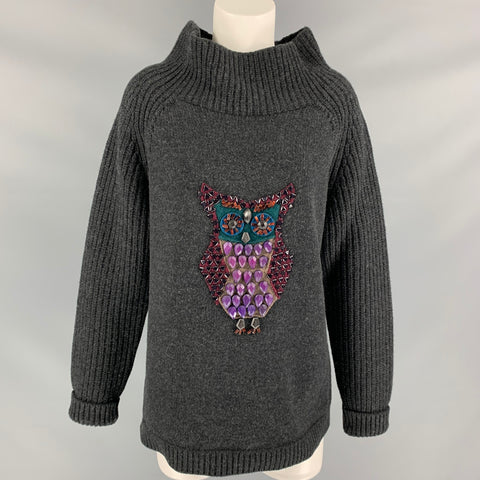 BURBERRY PRORSUM Fall 2012 Size L Charcoal Beaded Wool / Cashmere Owl Mock Neck Sweater