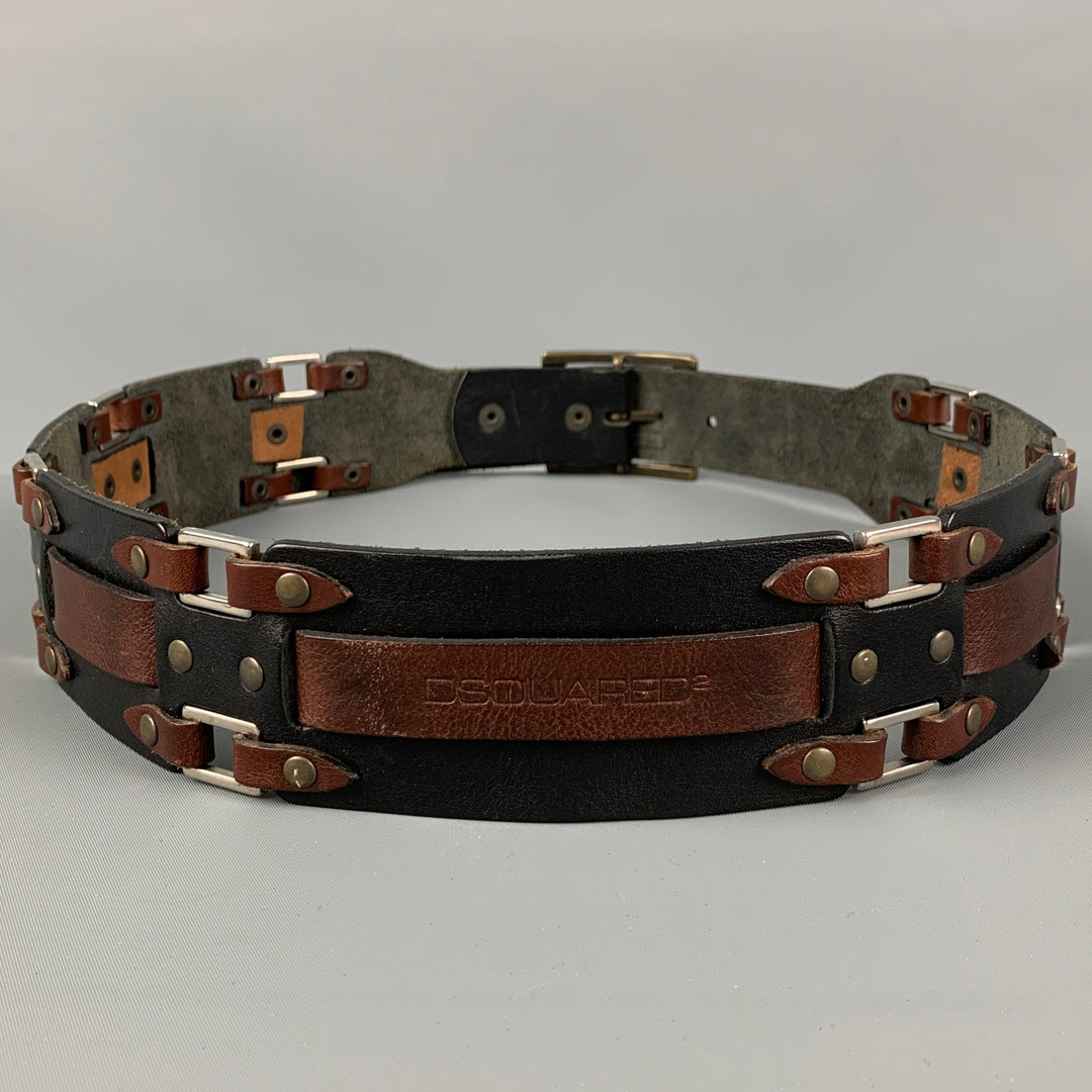 DSQUARED2 Size M Black Brown Studded Leather Belt
