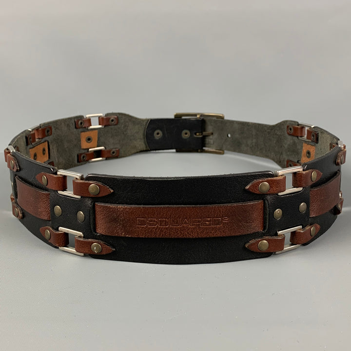 DSQUARED2 Size M Black Brown Studded Leather Belt