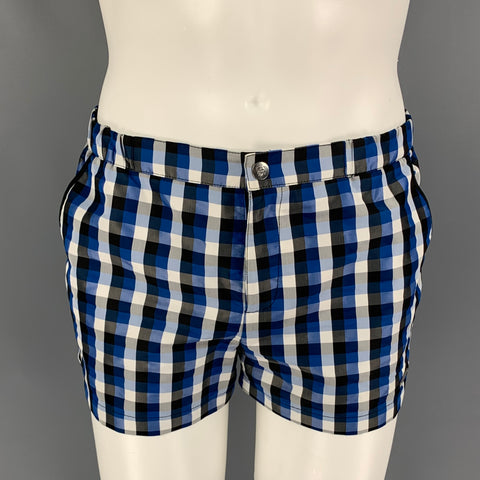 PARKE & RONEN Size 32 Blue White Black Checkered Polyester Nylon Swim Trunks