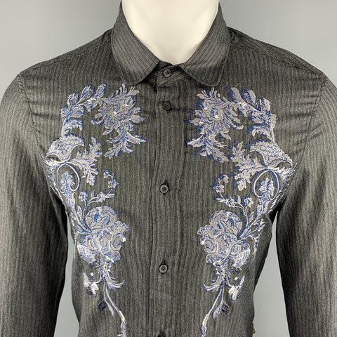 JUST CAVALLI Taille S Chemise à manches longues en mélange de viscose rayée charbon de bois brodée