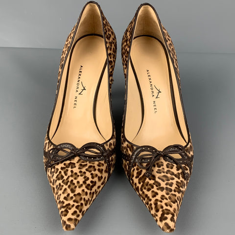 ALEXANDRA NEEL Taille 7 Escarpins à nœuds en poils de veau marron beige avec imprimé animal