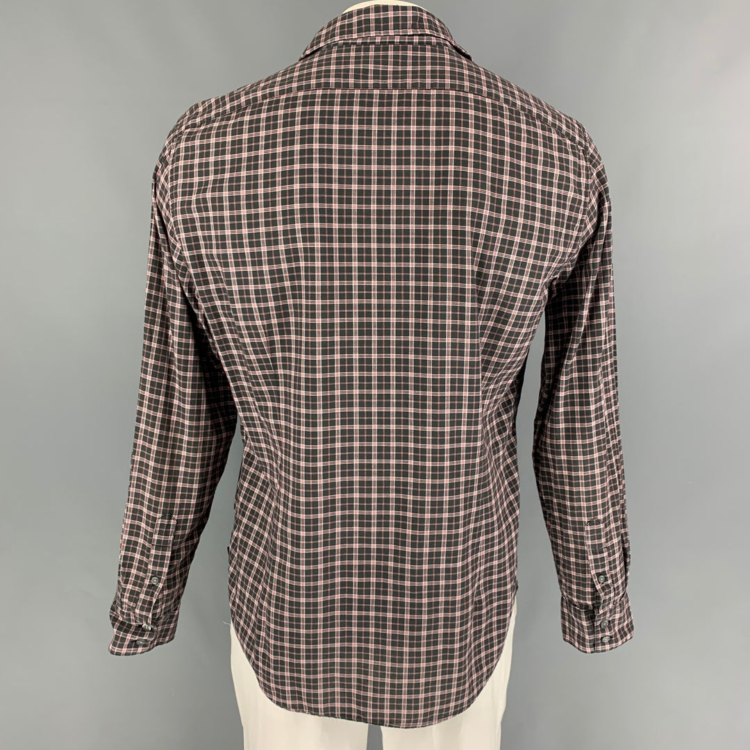 JOHN VARVATOS Camisa Manga Larga Algodón Cuadros Rojo Negro Talla L