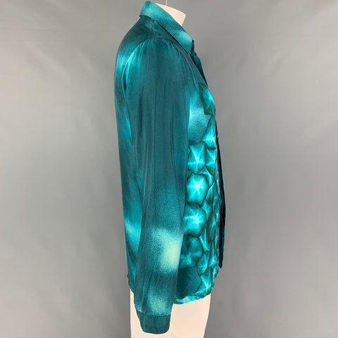 VERSACE Size M Green Print Silk Hidden Placket Long Sleeve Shirt