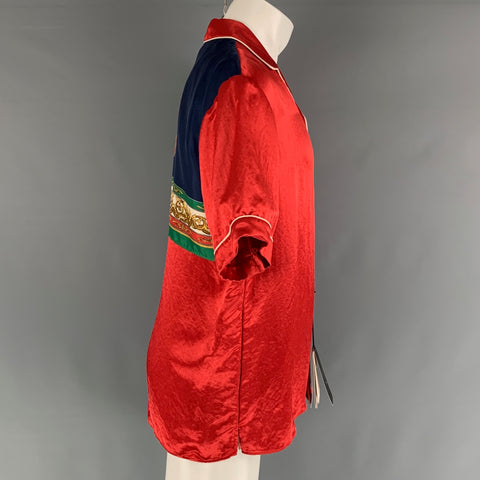 GUCCI Size M Red Multi-Color Graphic Silk  Acetate Short Sleeve Shirt