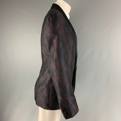 LANVIN Chest Size 42 Regular Navy Burgundy Jacquard Silk / Polyester Sport Coat