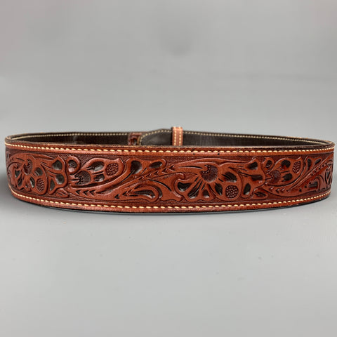 VINTAGE Size 32 Brown Carved Leather Money Belt Strap