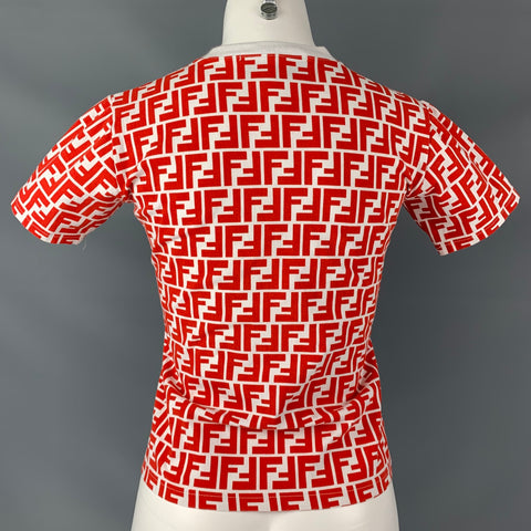 FENDI Size S Red & White Zucca Logo V- Neck T-Shirt