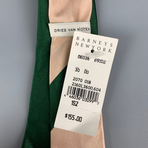 DRIES VAN NOTEN Dark Green Beige Color Block Silk Tie