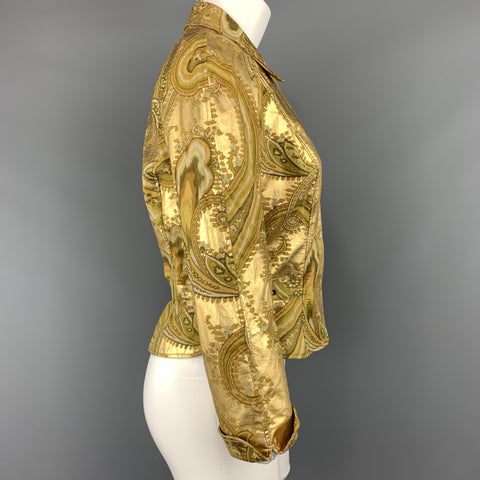 MUGLER Size 4 Metallic Gold & Green Paisley Cropped Jacket