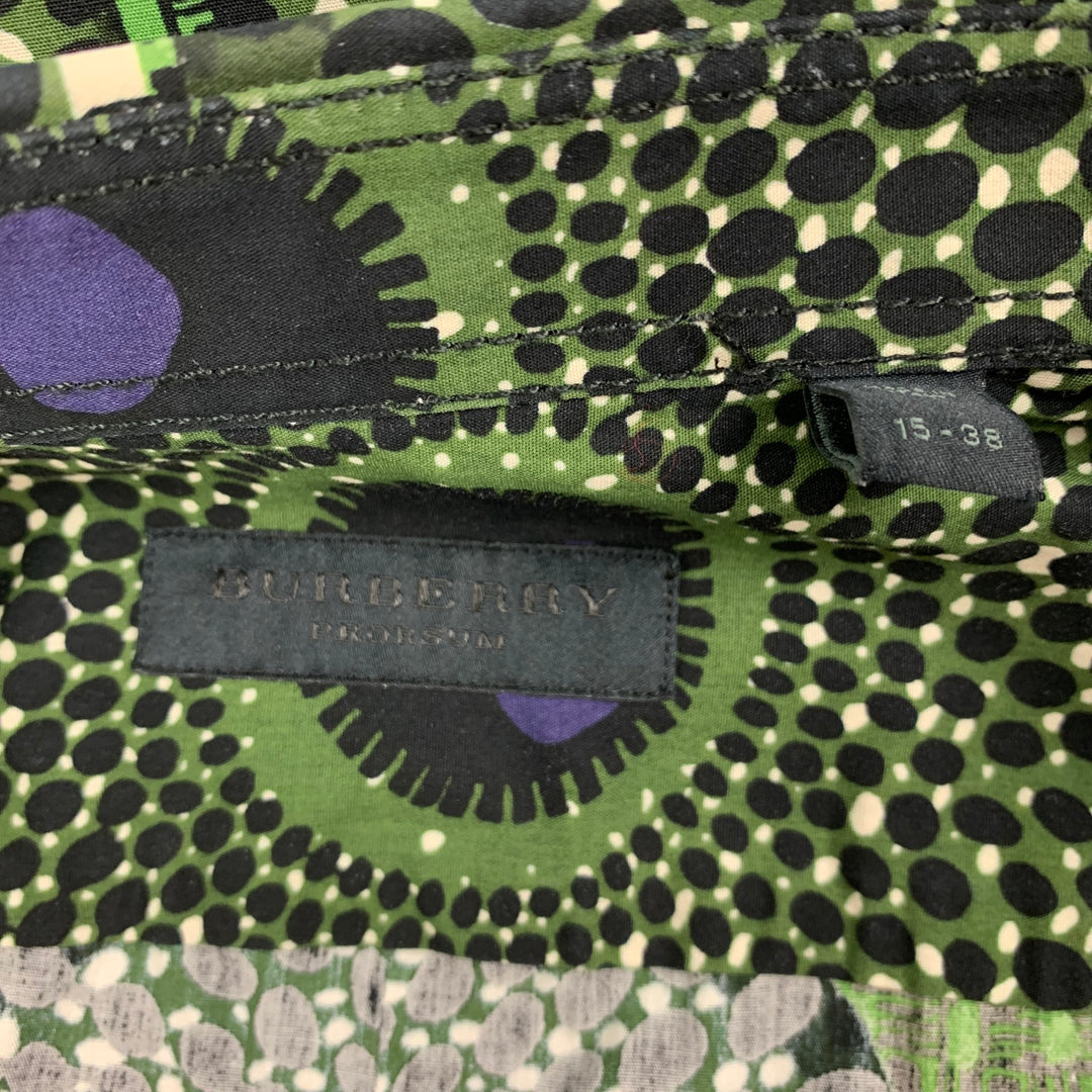 BURBERRY PRORSUM Spring 2012 Size S Green & Black Print Cotton Button Up Long Sleeve Shirt